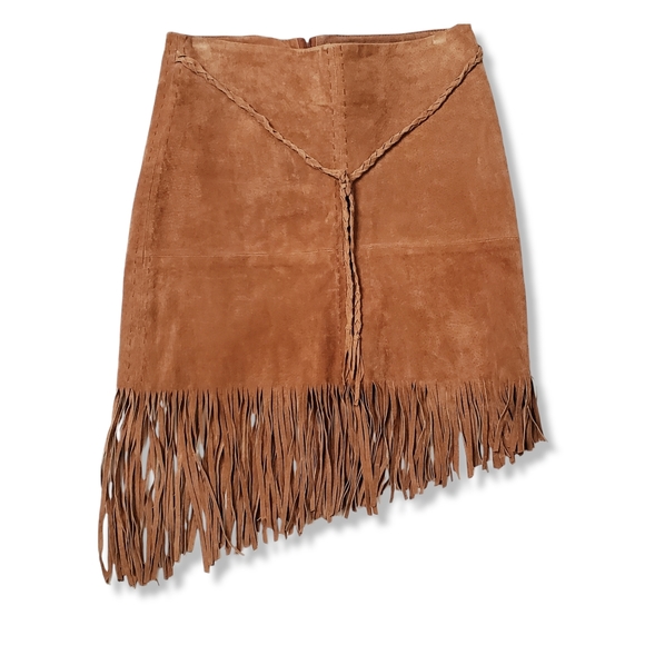 Rampage Dresses & Skirts - Rampage Brown Leather Boho Skirt with Asymentrical Fringe Hem Size 7